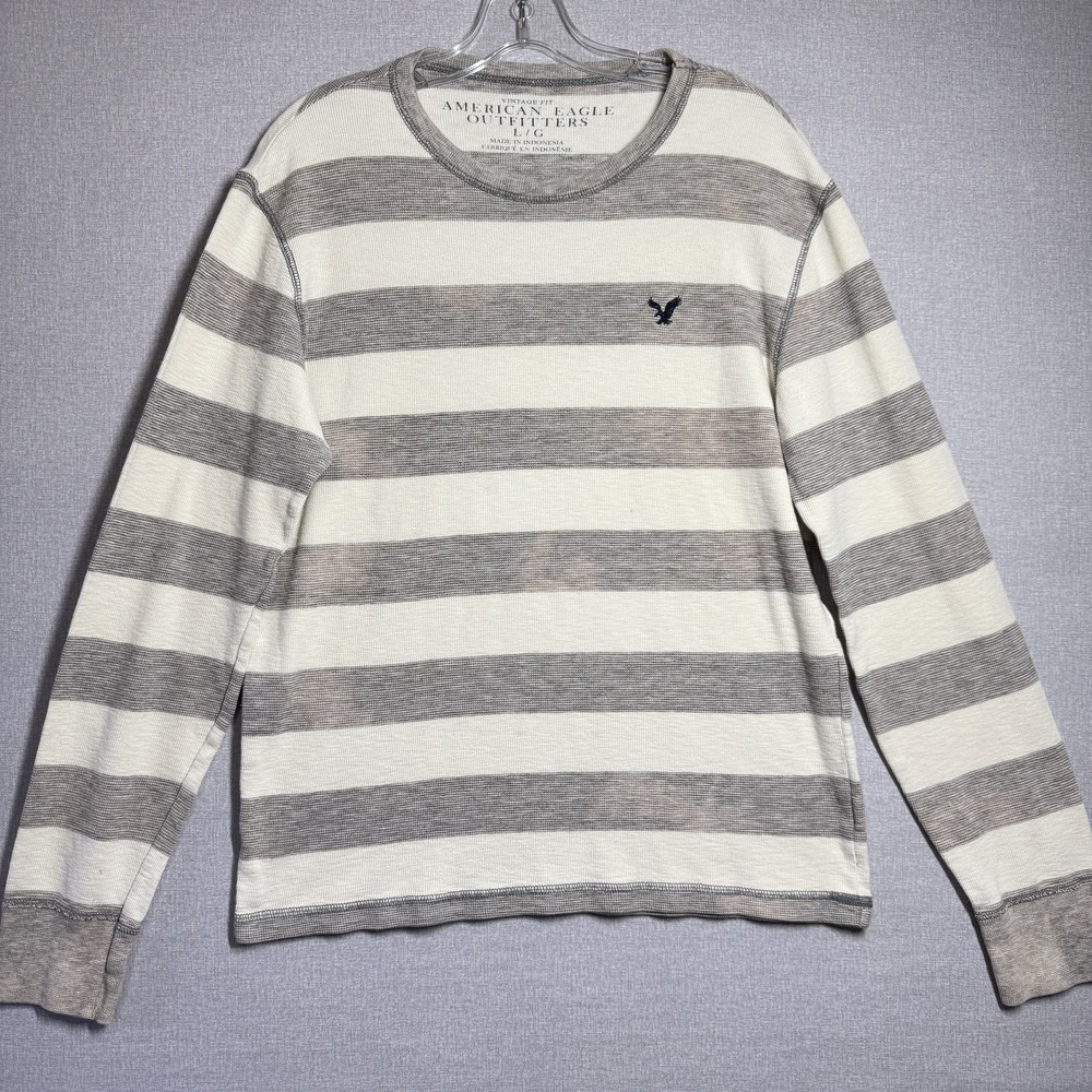 American Eagle Outfitters Sweater Mens Large Gray Striped Pullover Long Sleeve